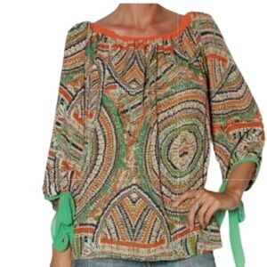 Umgee Boho Gypsy Multicolor 3/4 Ribbon Sleeve Scoop Neck Blouse Size 1XL